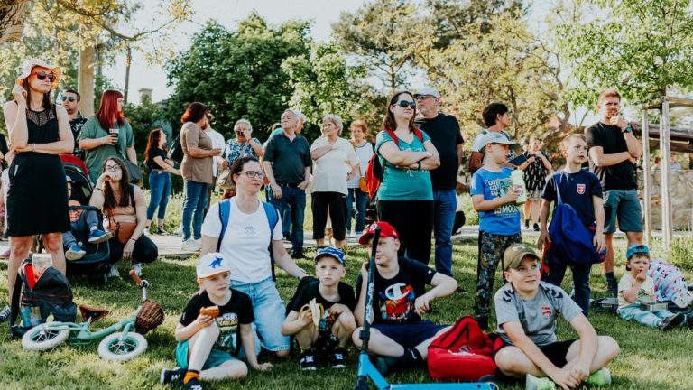 A diverse group of people enjoying a sunny day at an outdoor community event in a park setting.